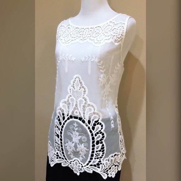 Karen Kane Tops - Karen Kane Embroidered Ivory Mesh Lace Tank Top